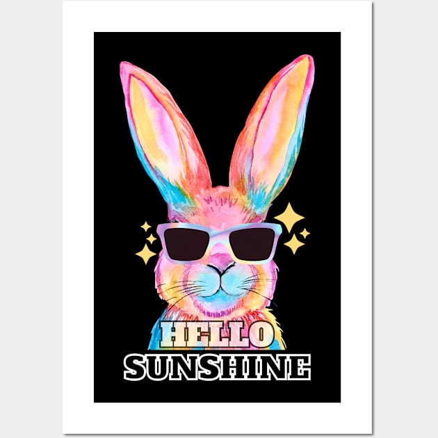 Hello Sunshine - Rainbow Bunny greeting with shades on Wall Art by The Magic Yellow Bus